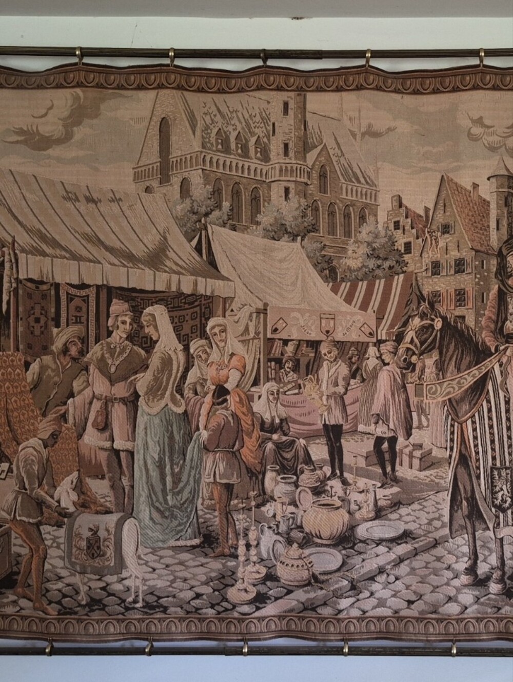 French Vintage Market Scene Tapestry in Beige and Brown